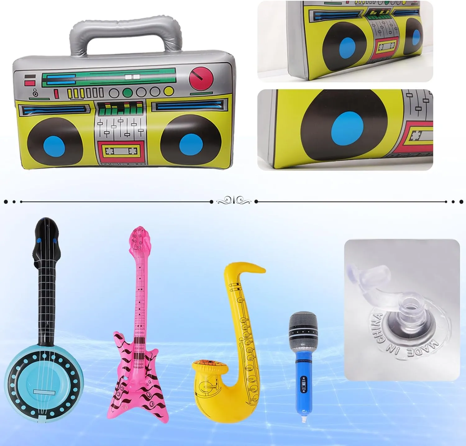 Fumwase 15PCS Inflatable Rock Star Toy Set Inflatable Instruments Party Props Rock Star Toy Set Guitar Bass Party Props for 80s 90s Party Decorations Rock and Roll Party Decorations (Rock Style, 15)