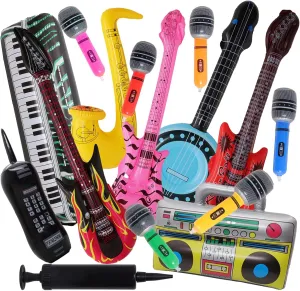 Fumwase 15PCS Inflatable Rock Star Toy Set Inflatable Instruments Party Props Rock Star Toy Set Guitar Bass Party Props for 80s 90s Party Decorations Rock and Roll Party Decorations (Rock Style, 15)