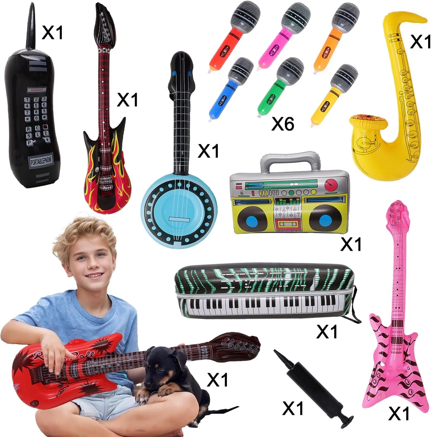 Fumwase 15PCS Inflatable Rock Star Toy Set Inflatable Instruments Party Props Rock Star Toy Set Guitar Bass Party Props for 80s 90s Party Decorations Rock and Roll Party Decorations (Rock Style, 15)