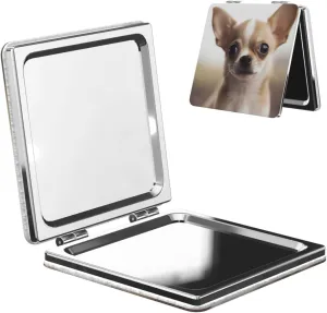Funny Chihuahua Printed Square Pocket Makeup Mirror with 1X/2X Magnification, Portable Mini Travel Makeup Mirror for Travel Daily Work Beauty