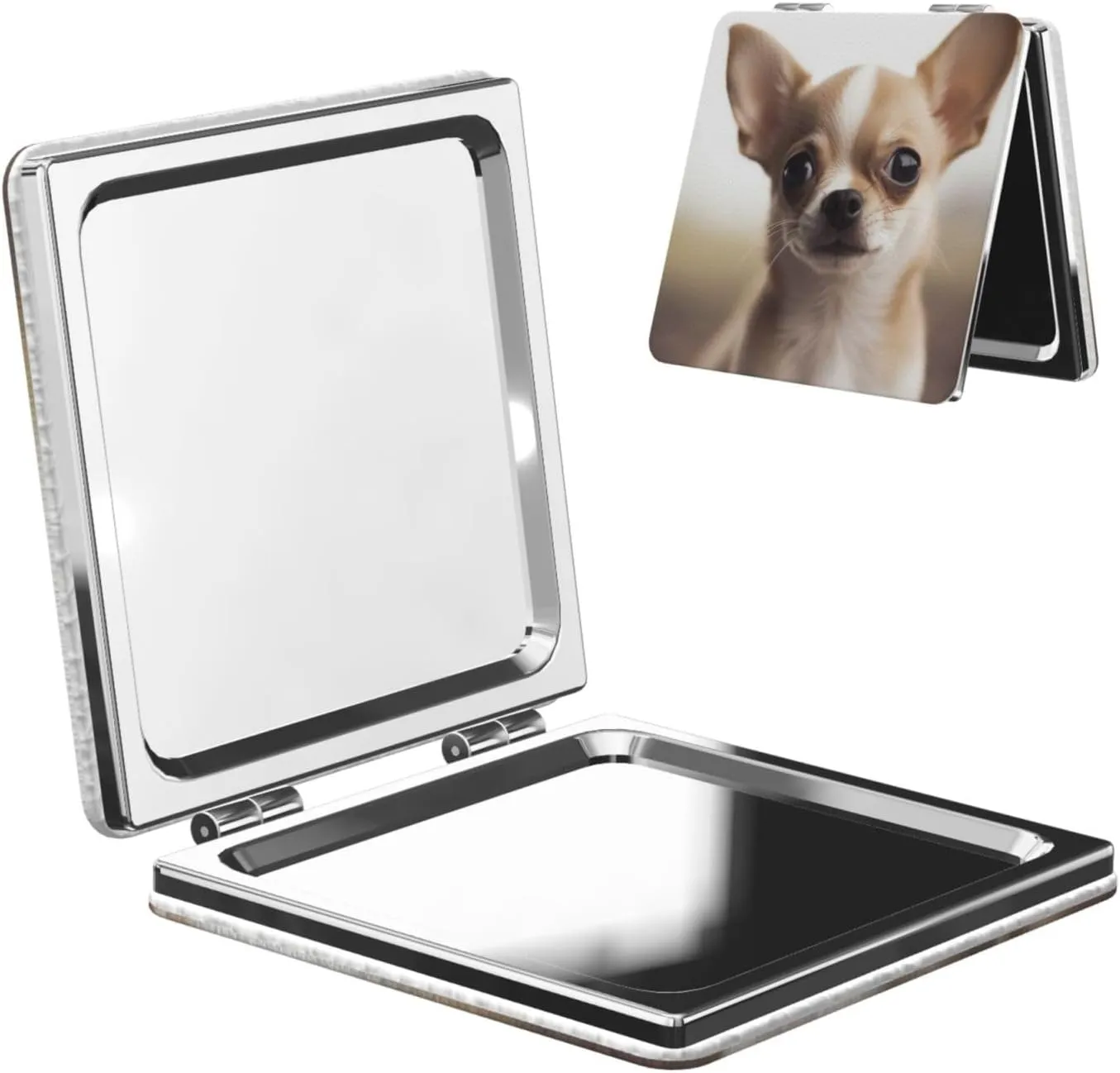 Funny Chihuahua Printed Square Pocket Makeup Mirror with 1X/2X Magnification, Portable Mini Travel Makeup Mirror for Travel Daily Work Beauty