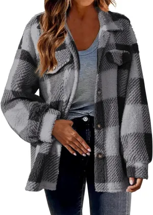 Fuzzy Fleece Plaid Jacket For Women Casual Loose Plus Size Button Down Sherpa Shacket Warm Winter Shearling Coat