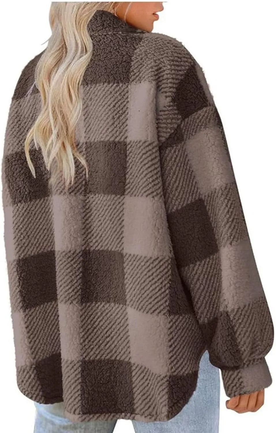 Fuzzy Fleece Plaid Jacket For Women Casual Loose Plus Size Button Down Sherpa Shacket Warm Winter Shearling Coat