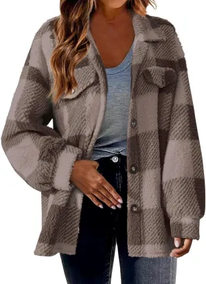 Fuzzy Fleece Plaid Jacket For Women Casual Loose Plus Size Button Down Sherpa Shacket Warm Winter Shearling Coat