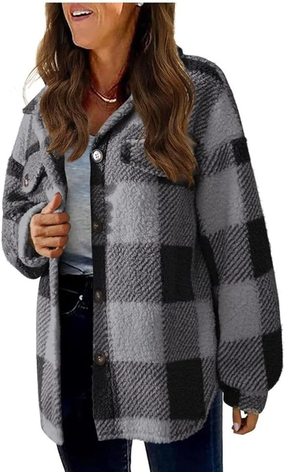 Fuzzy Fleece Plaid Jacket For Women Casual Loose Plus Size Button Down Sherpa Shacket Warm Winter Shearling Coat