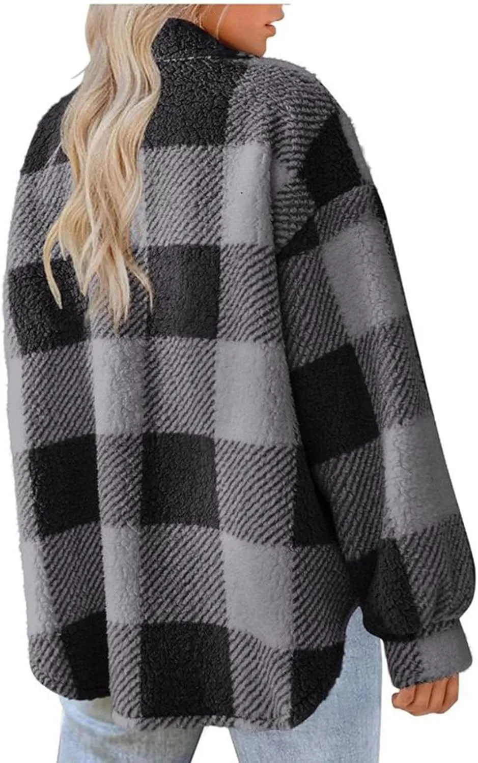 Fuzzy Fleece Plaid Jacket For Women Casual Loose Plus Size Button Down Sherpa Shacket Warm Winter Shearling Coat