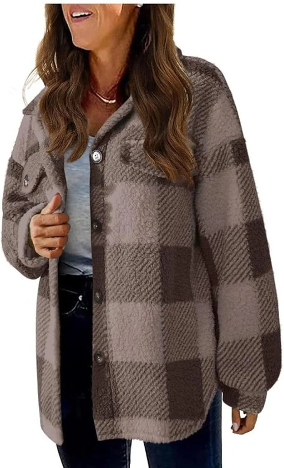 Fuzzy Fleece Plaid Jacket For Women Casual Loose Plus Size Button Down Sherpa Shacket Warm Winter Shearling Coat