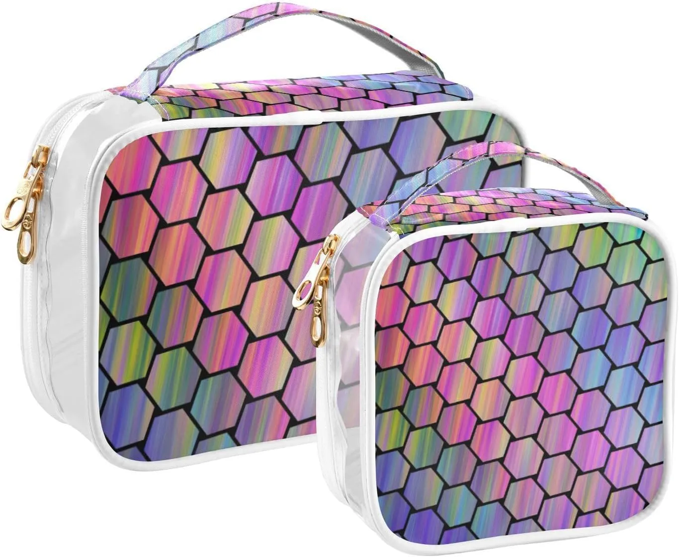 GAIGEO Abstract Colorful Hexagonal Texture 2 Pack Clear Cosmetic Bag Set, Travel Makeup Bag Set, Clear Makeup Bags for Traveling