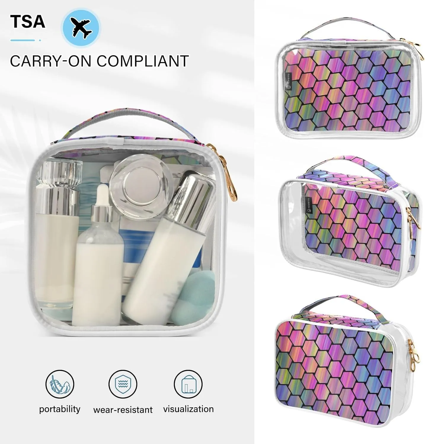 GAIGEO Abstract Colorful Hexagonal Texture 2 Pack Clear Cosmetic Bag Set, Travel Makeup Bag Set, Clear Makeup Bags for Traveling