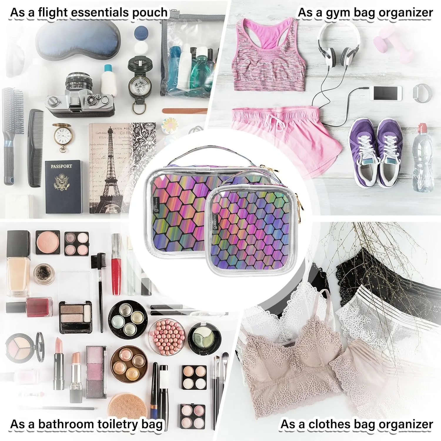 GAIGEO Abstract Colorful Hexagonal Texture 2 Pack Clear Cosmetic Bag Set, Travel Makeup Bag Set, Clear Makeup Bags for Traveling