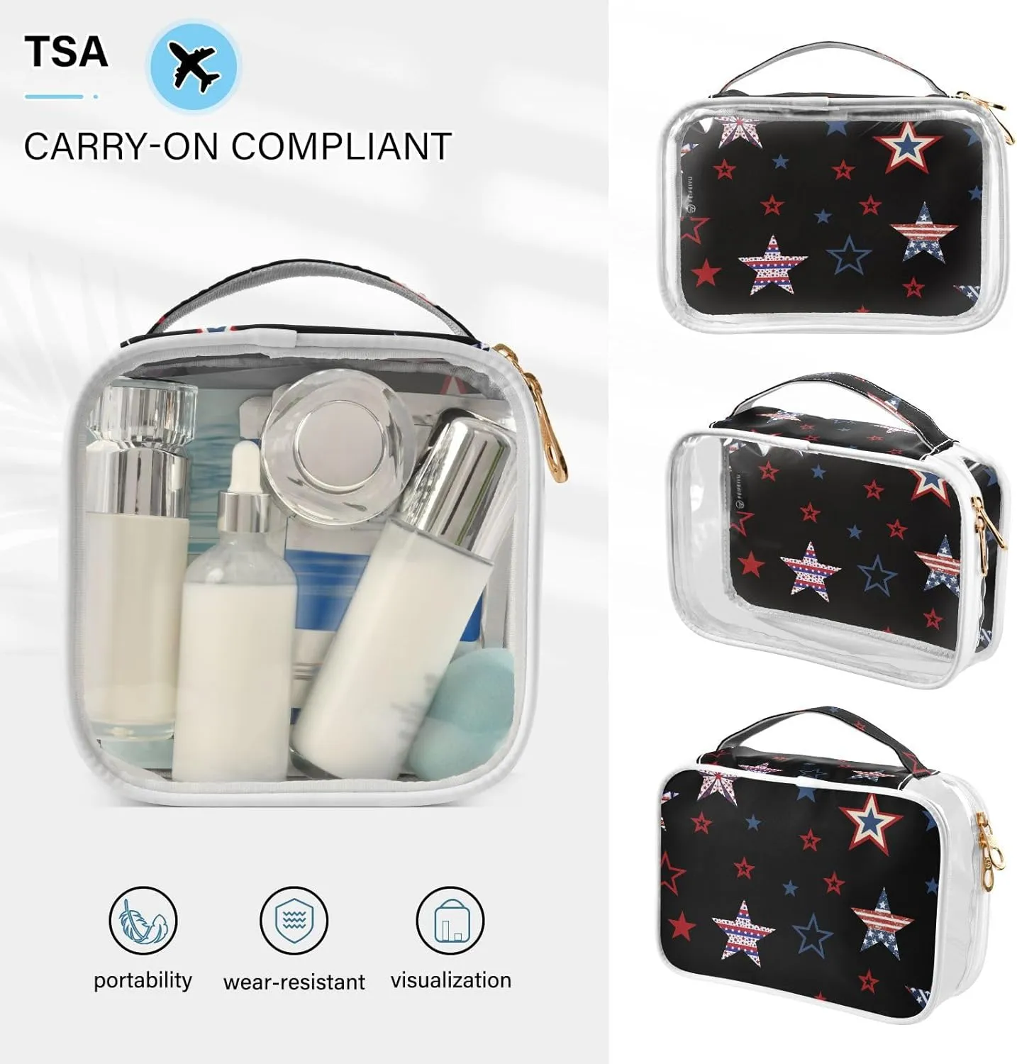 GAIGEO American Stars Clear Make up Travel Bag, Toiletry Bag for Car, Travel Size Toiletries Bag for Women, 2 Pack
