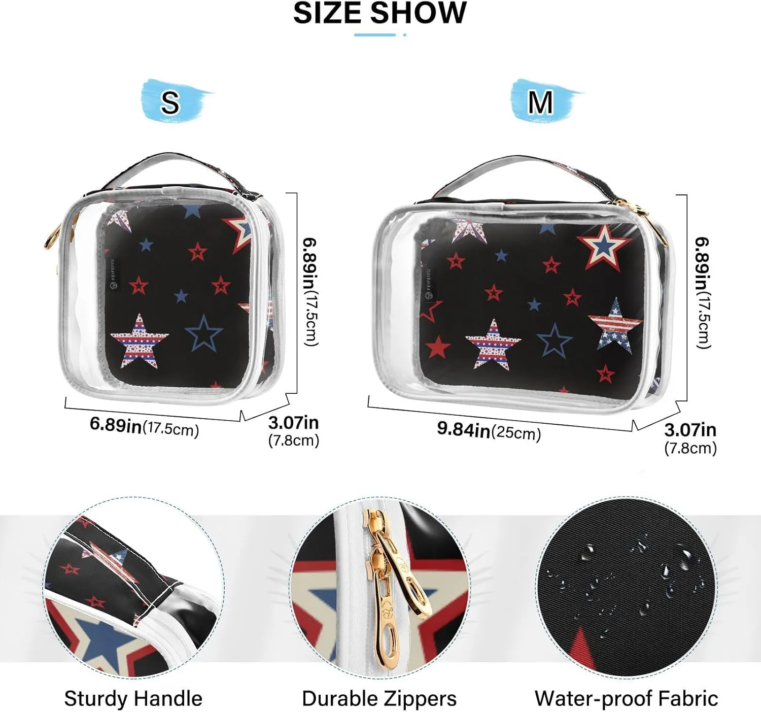 GAIGEO American Stars Clear Make up Travel Bag, Toiletry Bag for Car, Travel Size Toiletries Bag for Women, 2 Pack