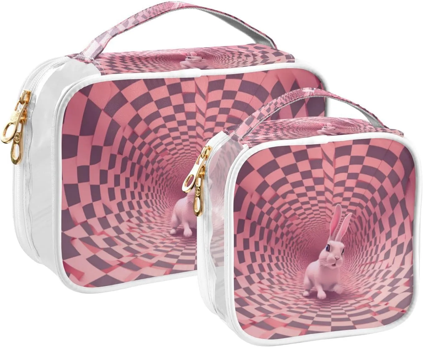 GAIGEO Black White Pink Square Swirl Bunny Clear Travel Tolietry Bag, Storage Bag for Travel, Womens Travel Toiletry Bag, 2 Pack
