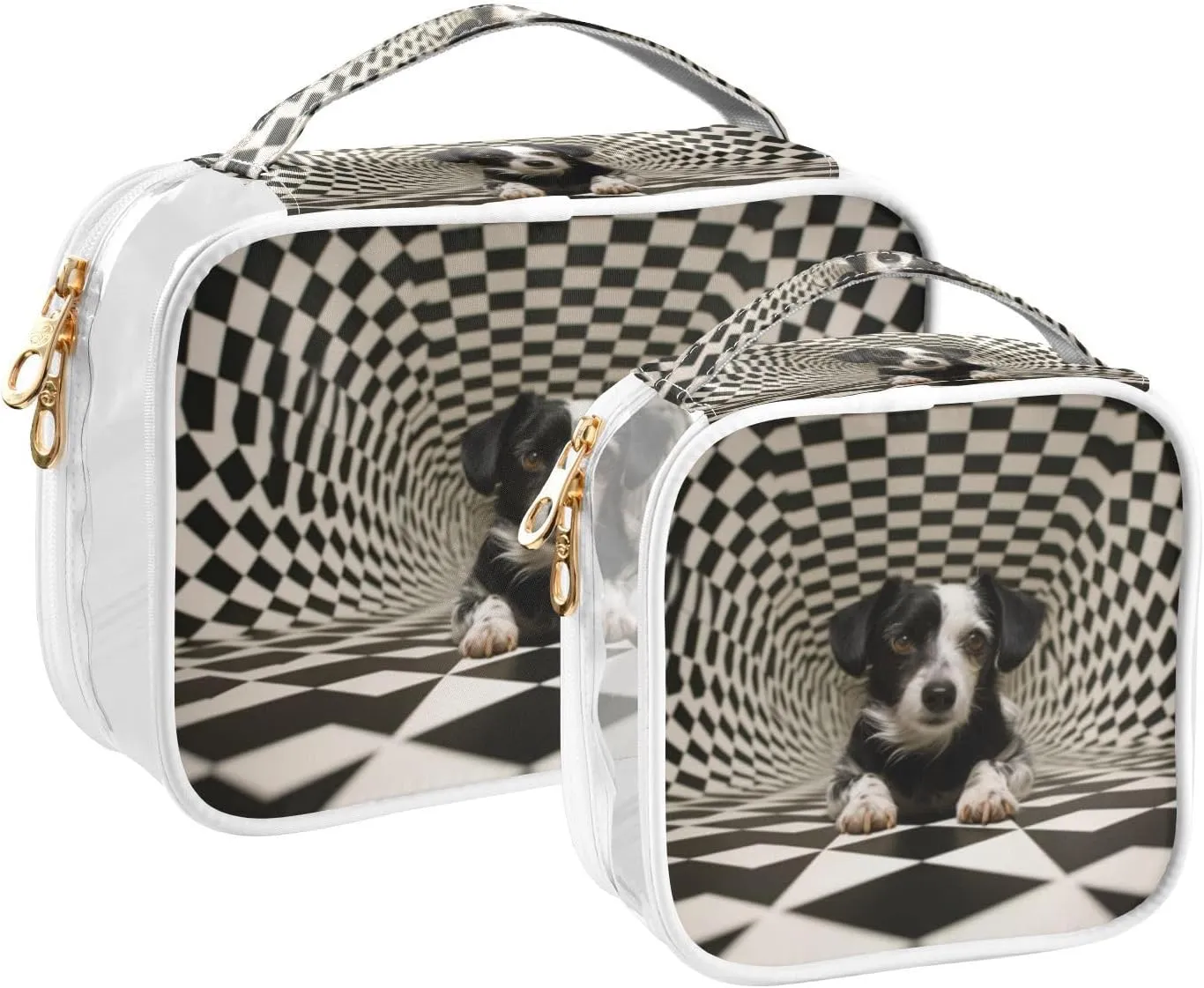 GAIGEO Black White Square Swirl Puppy 2 Pack Clear Makeup Bag Set, Skincare Travel Bag, Clear Travel Bags for Air Travel