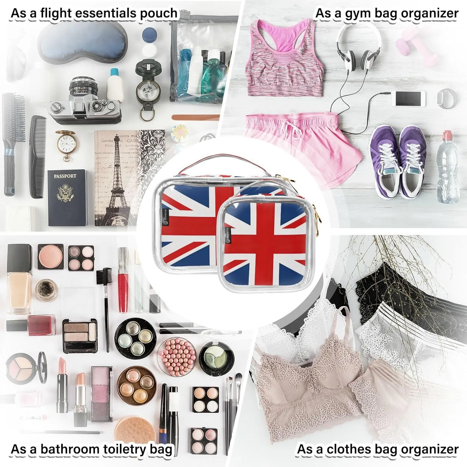 GAIGEO British Flag Clear Travel Makeup Bag Tsa Approved, Toiletry Bag for Travel, Toiletry Bags for Women, 2 Pack