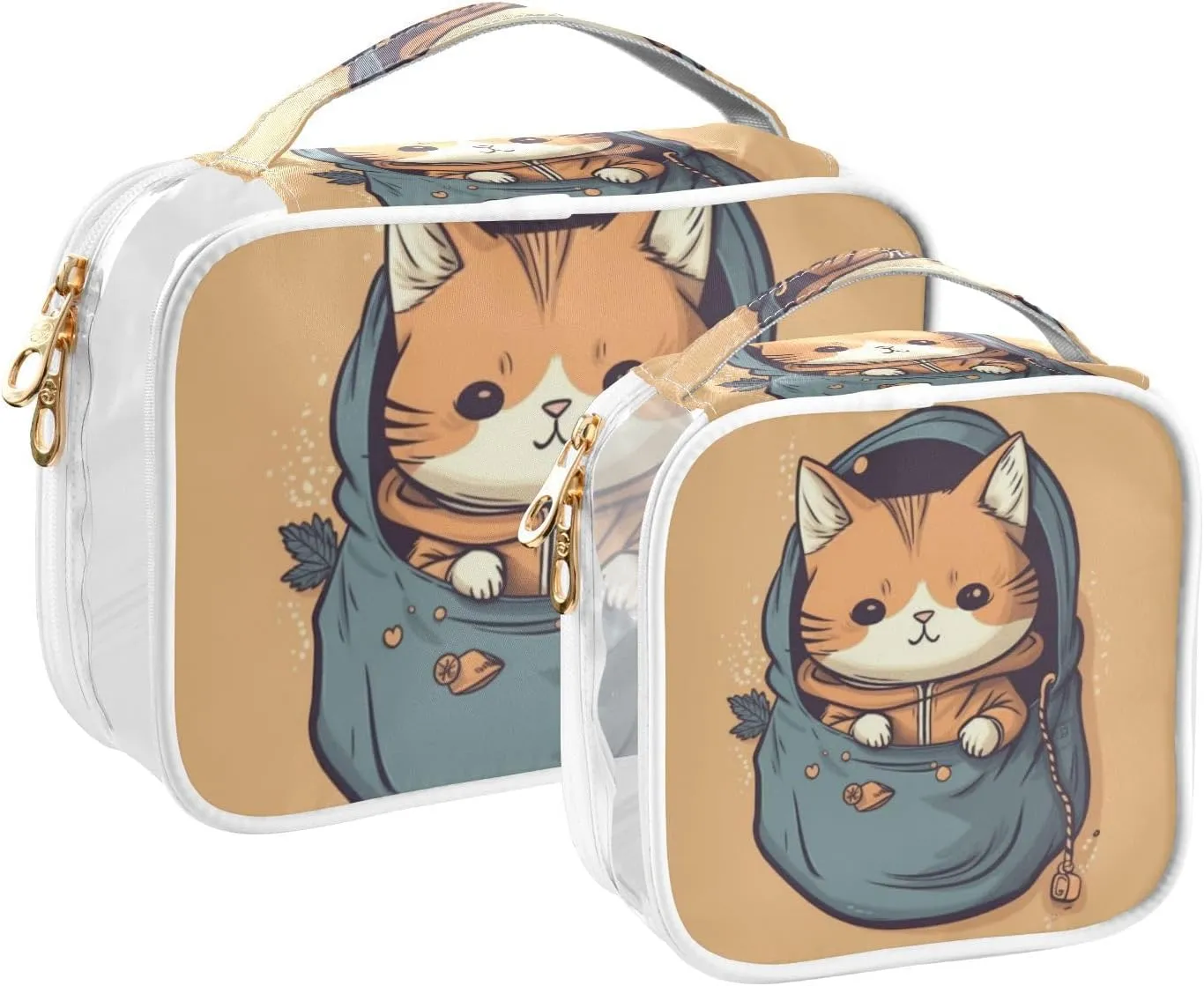 GAIGEO Cute Kitten Hiding in the Pocket Travel Transparent Bag, Zipper Clear Toiletry Bag, Cosmetic Travel Accessories, 2 Pack
