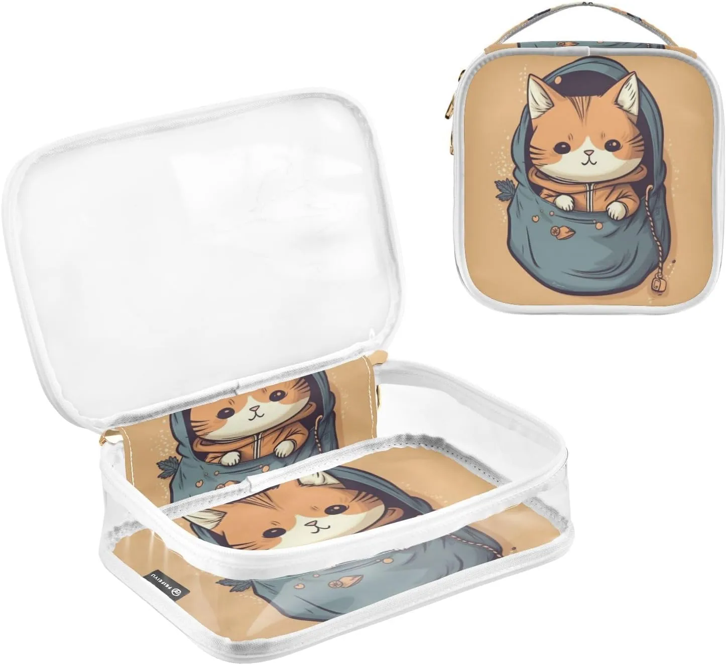 GAIGEO Cute Kitten Hiding in the Pocket Travel Transparent Bag, Zipper Clear Toiletry Bag, Cosmetic Travel Accessories, 2 Pack