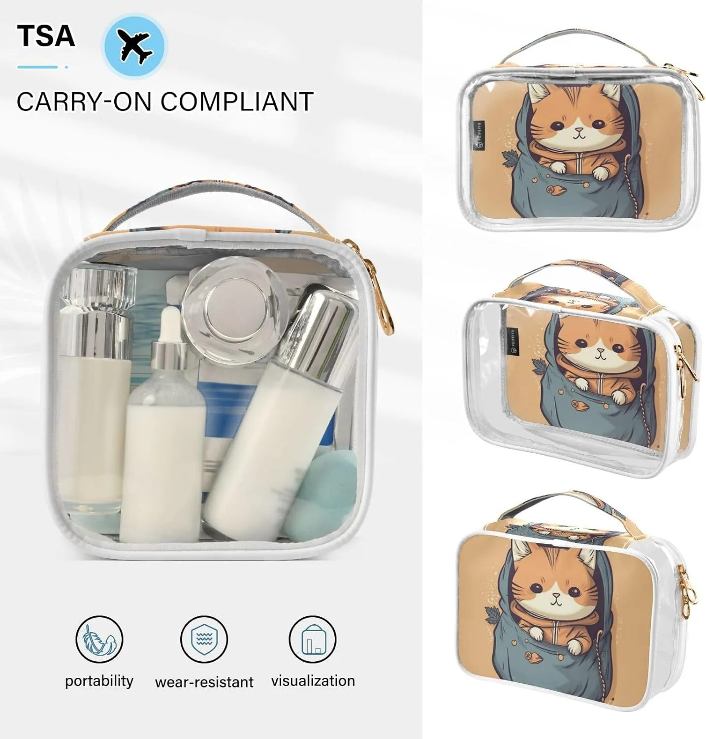 GAIGEO Cute Kitten Hiding in the Pocket Travel Transparent Bag, Zipper Clear Toiletry Bag, Cosmetic Travel Accessories, 2 Pack