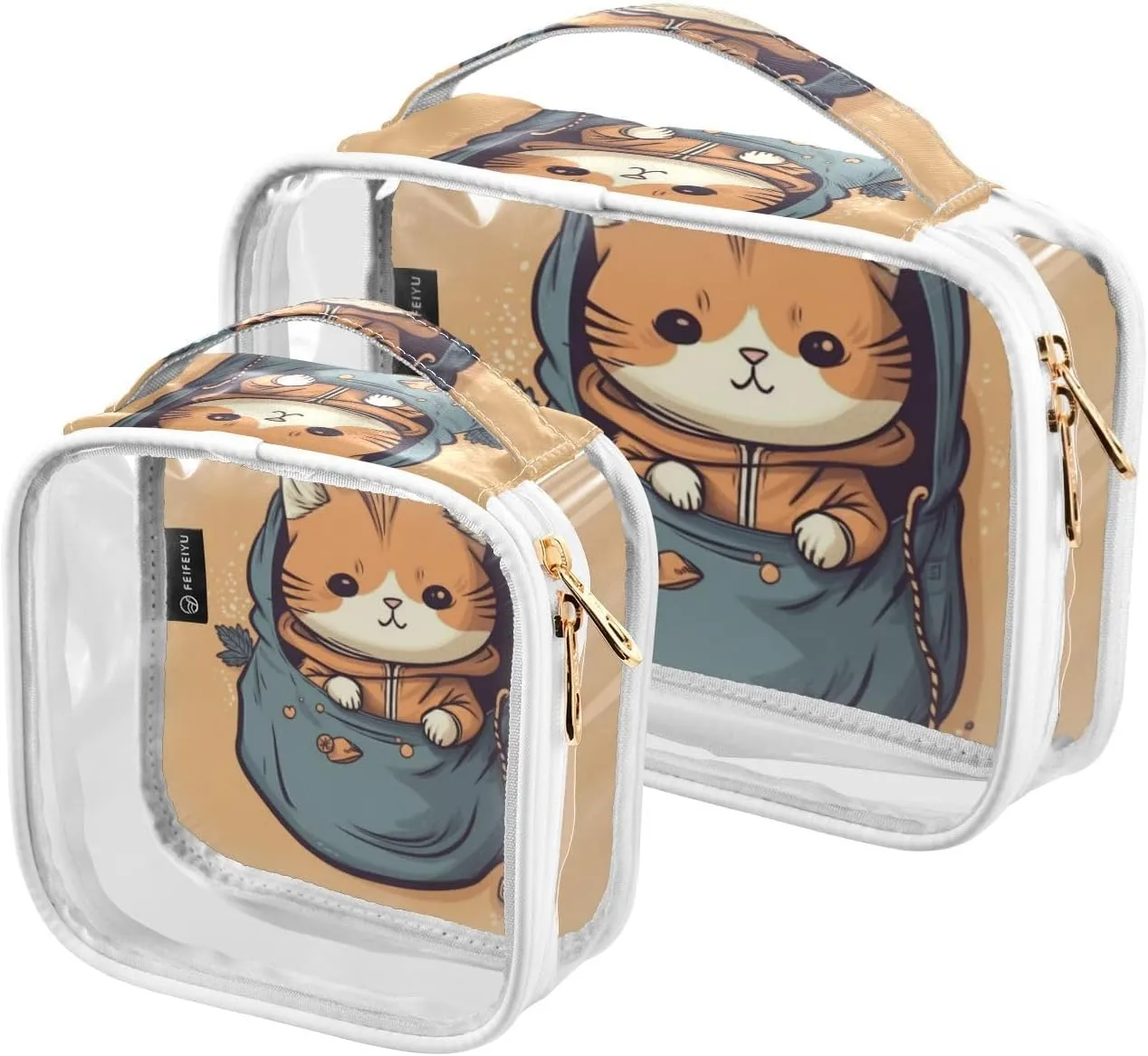 GAIGEO Cute Kitten Hiding in the Pocket Travel Transparent Bag, Zipper Clear Toiletry Bag, Cosmetic Travel Accessories, 2 Pack