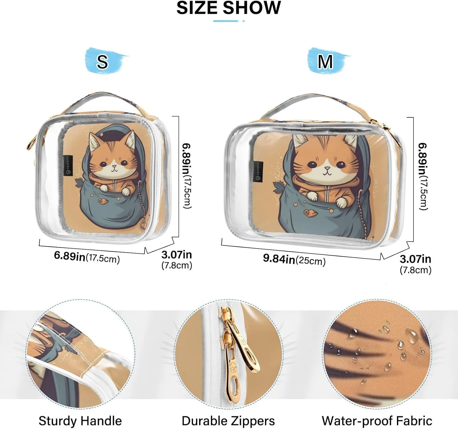 GAIGEO Cute Kitten Hiding in the Pocket Travel Transparent Bag, Zipper Clear Toiletry Bag, Cosmetic Travel Accessories, 2 Pack