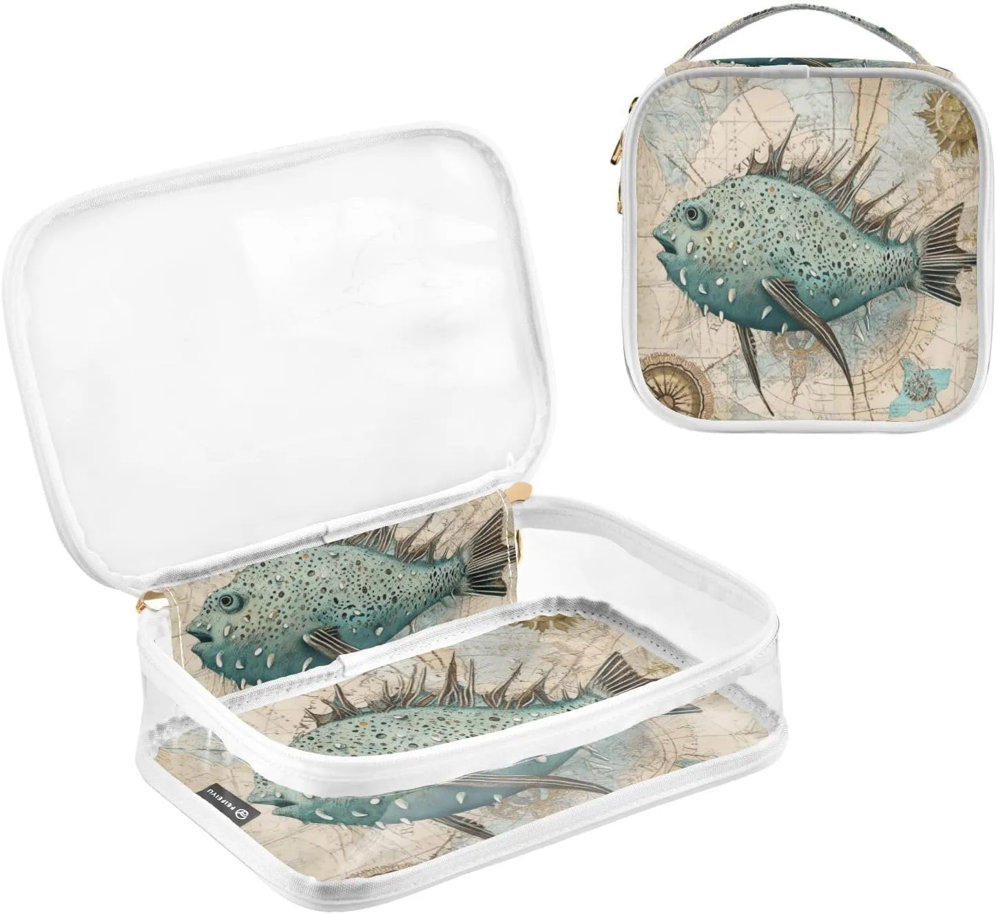 GAIGEO Retro Fish Coral Plank Travel Transparent Bag, Clear Liquid Travel Bag Tsa Approved, Travel Toiletries Bags for Women, 2 Pack