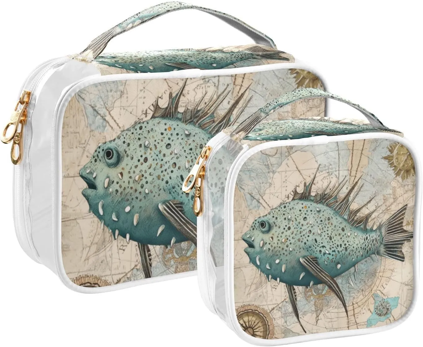 GAIGEO Retro Fish Coral Plank Travel Transparent Bag, Clear Liquid Travel Bag Tsa Approved, Travel Toiletries Bags for Women, 2 Pack