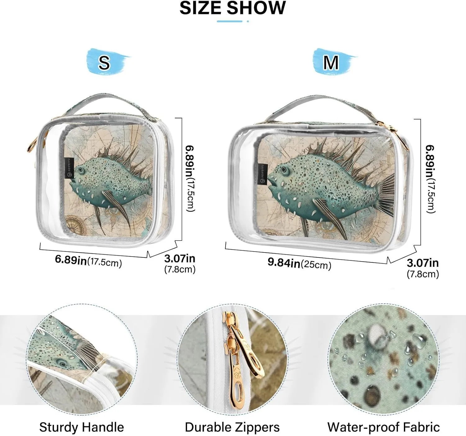 GAIGEO Retro Fish Coral Plank Travel Transparent Bag, Clear Liquid Travel Bag Tsa Approved, Travel Toiletries Bags for Women, 2 Pack