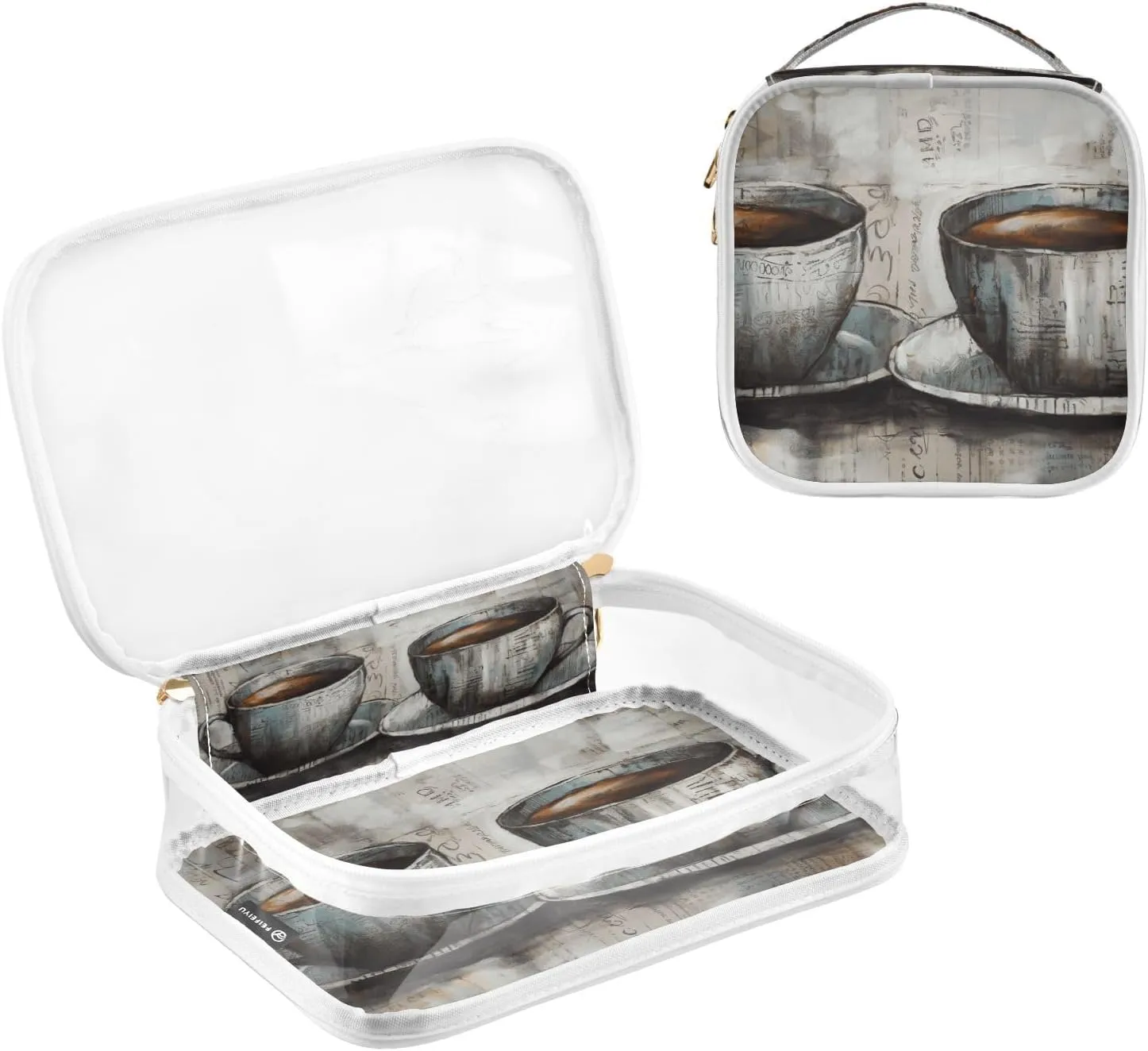 GAIGEO Retro Wooden Board Coffee Clear Makeup Bag Set, Clear Cosmetic Bag with Handle, Transparent Toiletry Bag for Women, 2 Pack