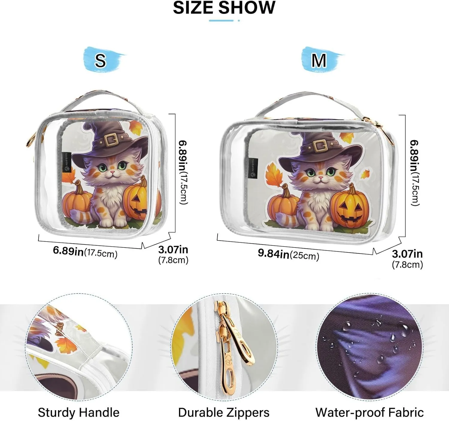 GAIGEO Small Cat Witch Hat Clear Cosmetic Bag Set, Clear Cosmetic Bag Tsa Approved, Cosmetic Travel Accessories, 2 Pack