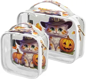 GAIGEO Small Cat Witch Hat Clear Cosmetic Bag Set, Clear Cosmetic Bag Tsa Approved, Cosmetic Travel Accessories, 2 Pack