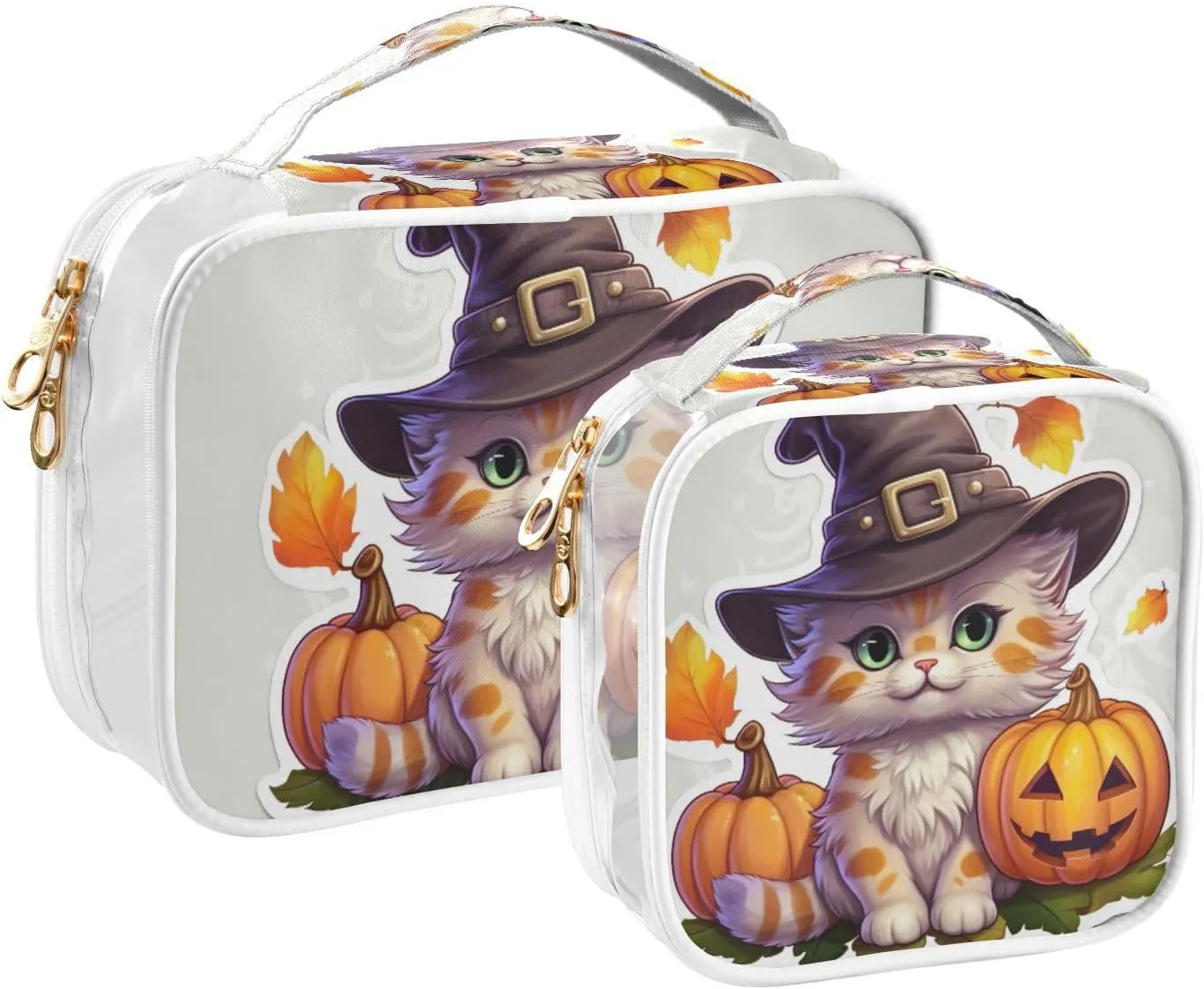 GAIGEO Small Cat Witch Hat Clear Cosmetic Bag Set, Clear Cosmetic Bag Tsa Approved, Cosmetic Travel Accessories, 2 Pack