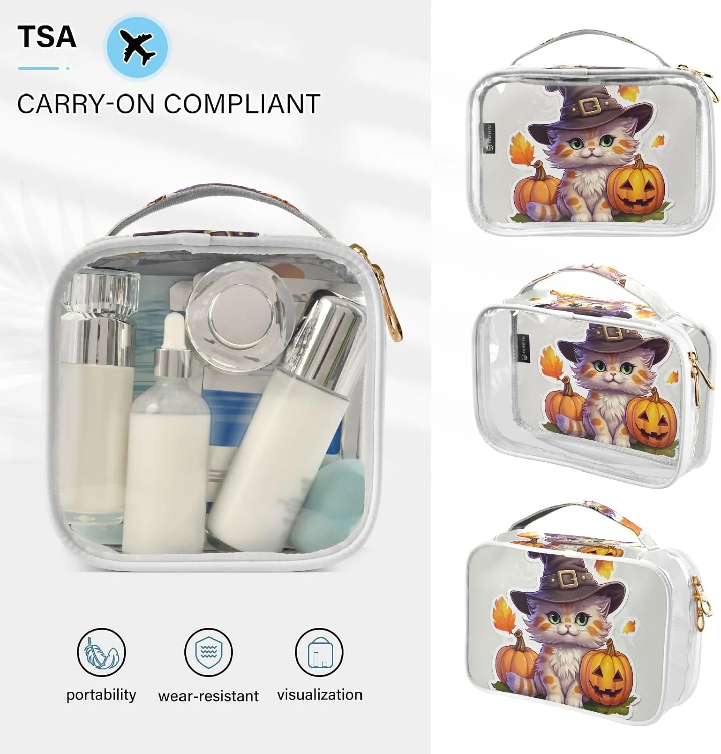 GAIGEO Small Cat Witch Hat Clear Cosmetic Bag Set, Clear Cosmetic Bag Tsa Approved, Cosmetic Travel Accessories, 2 Pack