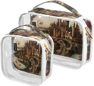 GAIGEO Tower and Palace Map Art Print Clear Toiletry Bag Set, Clear Travel Bag Tsa, Cosmetic Travel Accessories, 2 Pack