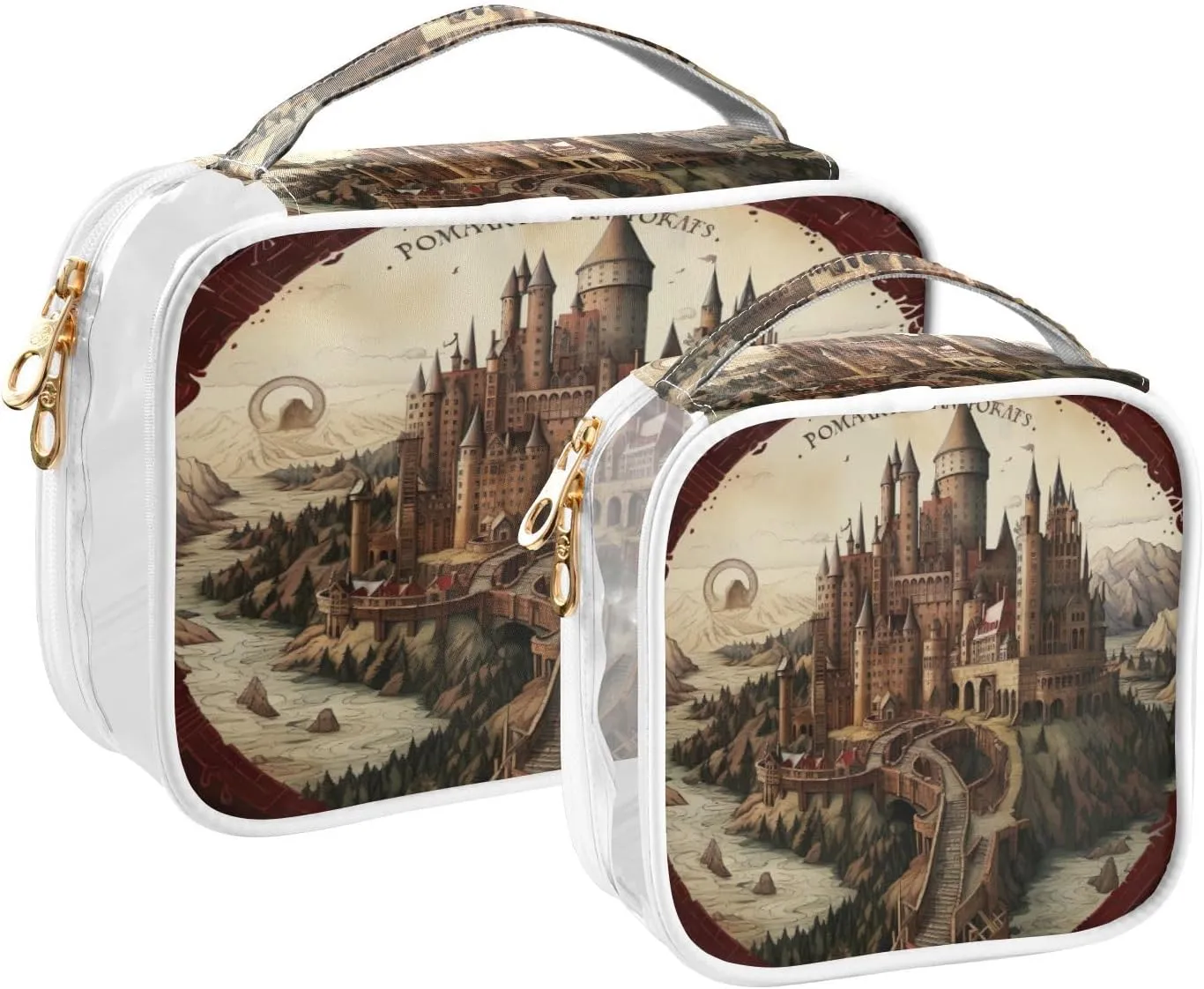 GAIGEO Tower and Palace Map Art Print Clear Toiletry Bag Set, Clear Travel Bag Tsa, Cosmetic Travel Accessories, 2 Pack