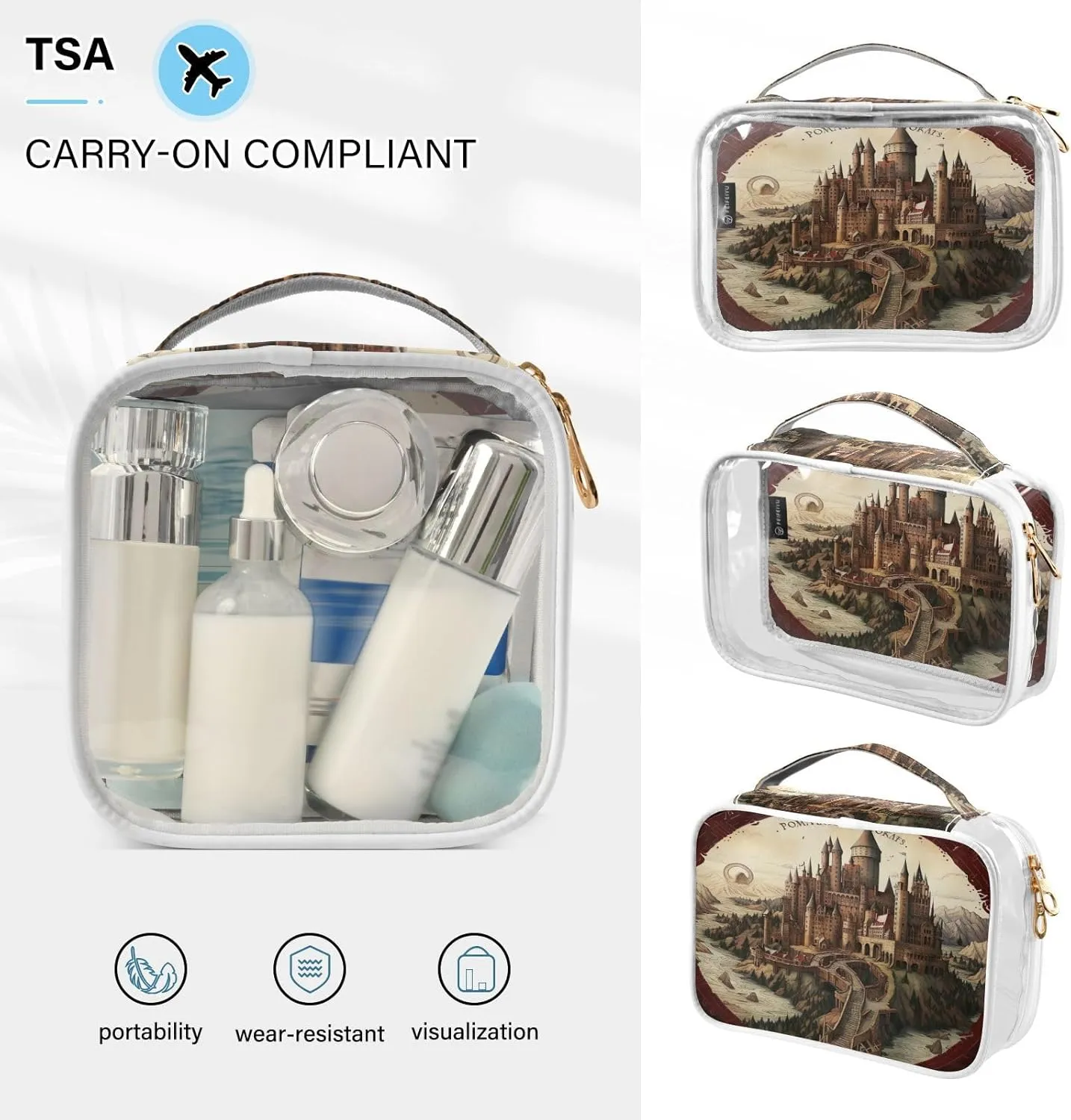 GAIGEO Tower and Palace Map Art Print Clear Toiletry Bag Set, Clear Travel Bag Tsa, Cosmetic Travel Accessories, 2 Pack
