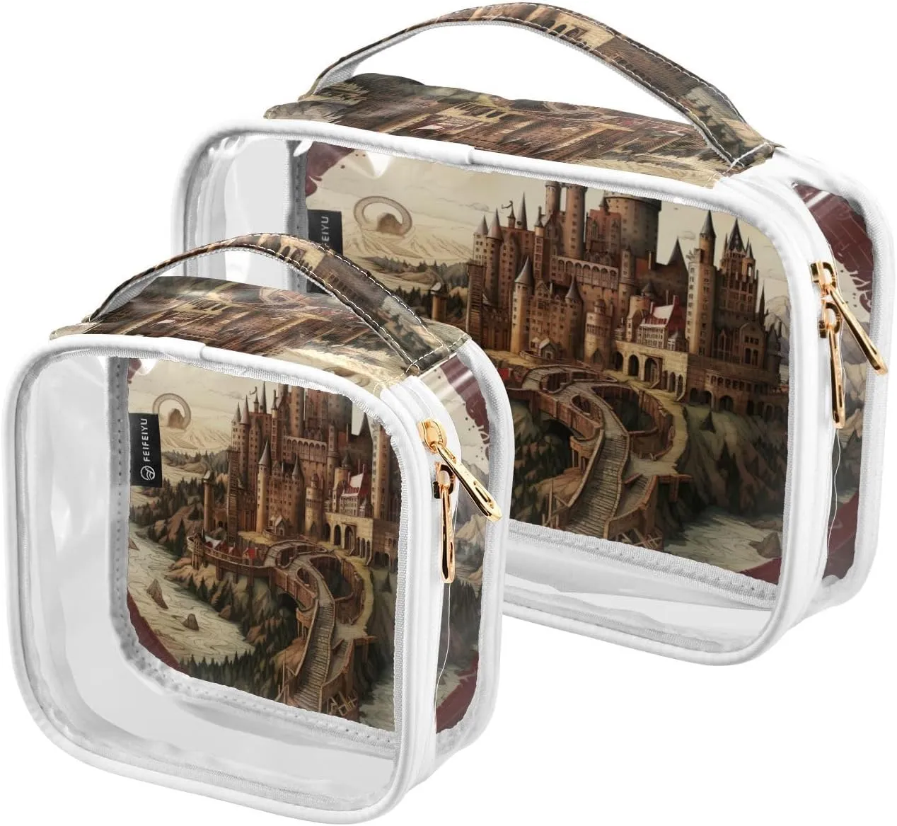 GAIGEO Tower and Palace Map Art Print Clear Toiletry Bag Set, Clear Travel Bag Tsa, Cosmetic Travel Accessories, 2 Pack
