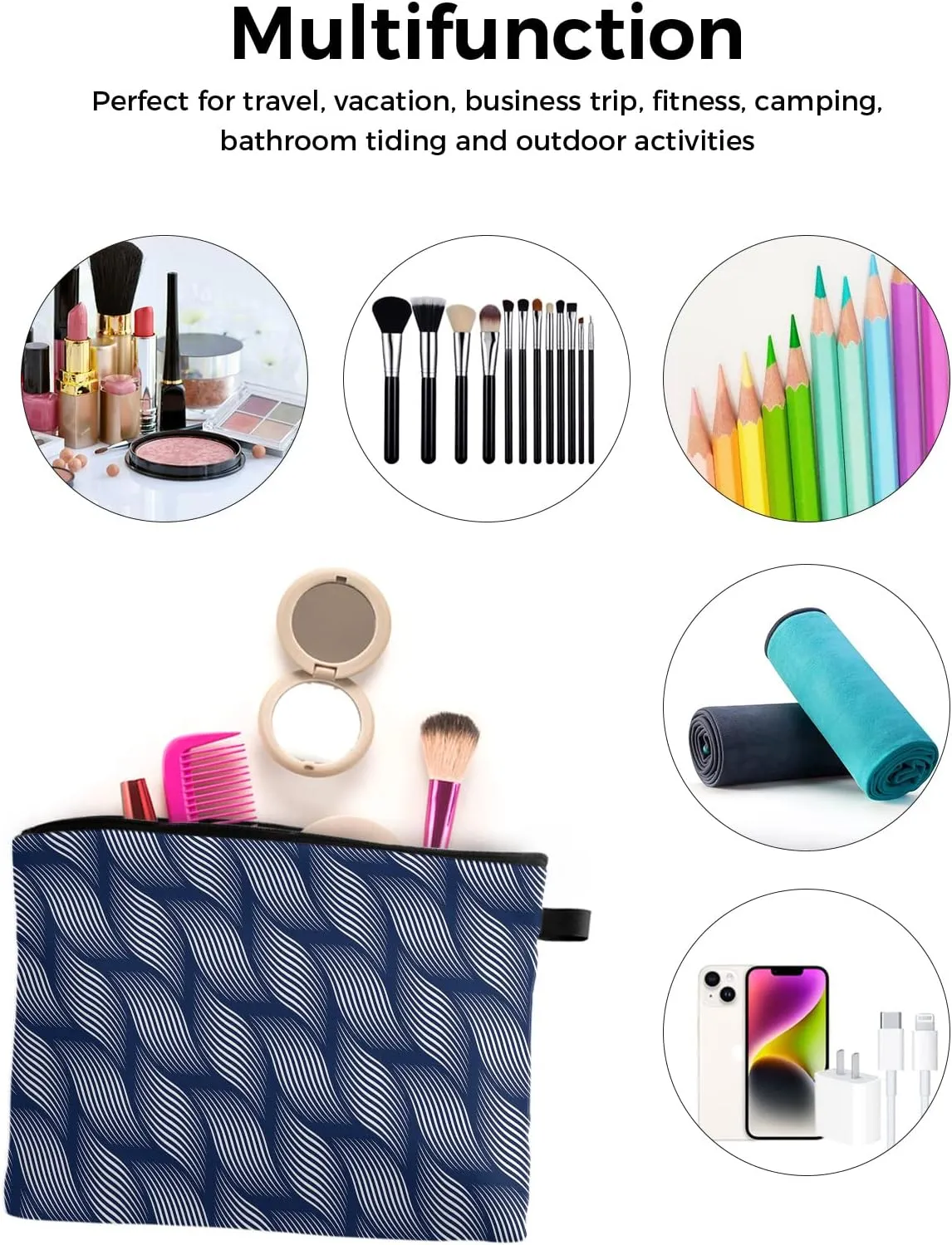 Geometric Blue Waves Line Filling Cosmetic Bags for Women, Regularity Vertigo Navy Blue Small Makeup Bag for Purse, Waterproof Travel Toiletry Bag Accessories Organizer, 2PCS