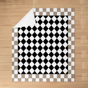 Geometric Checkerboard Kids Flannel Blanket,Abstract Grids Geometry Plaids Square Bed Blanket for Girls Boys,Modern Art Black Brown Chic Fuzzy Blanket,40 x 50 Inches
