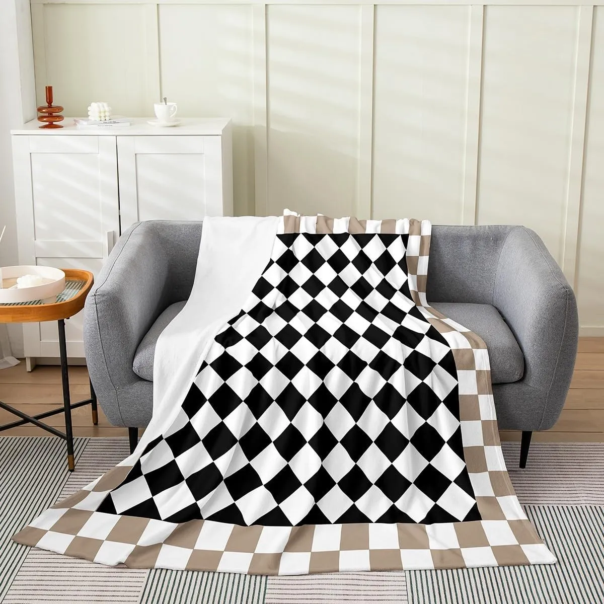 Geometric Checkerboard Kids Flannel Blanket,Abstract Grids Geometry Plaids Square Bed Blanket for Girls Boys,Modern Art Black Brown Chic Fuzzy Blanket,40 x 50 Inches