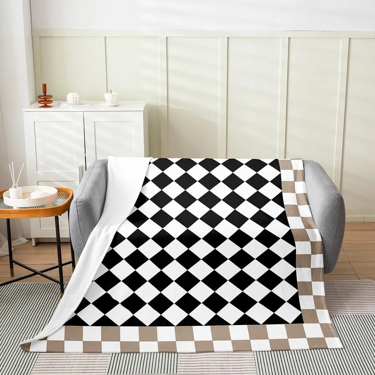 Geometric Checkerboard Kids Flannel Blanket,Abstract Grids Geometry Plaids Square Bed Blanket for Girls Boys,Modern Art Black Brown Chic Fuzzy Blanket,40 x 50 Inches