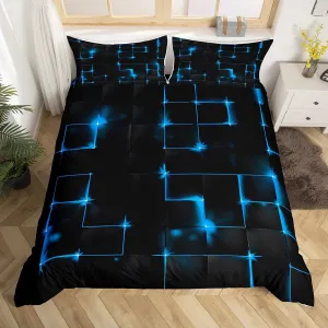 Geometric Queen Duvet Cover Set, Abstract Plaid Square Grid Geometry Bedding Set for Boys Teens, Blue Neon Light Lines Modern Comforter Cover Breathable Black Bedspread Cover, 2 Pillowcases