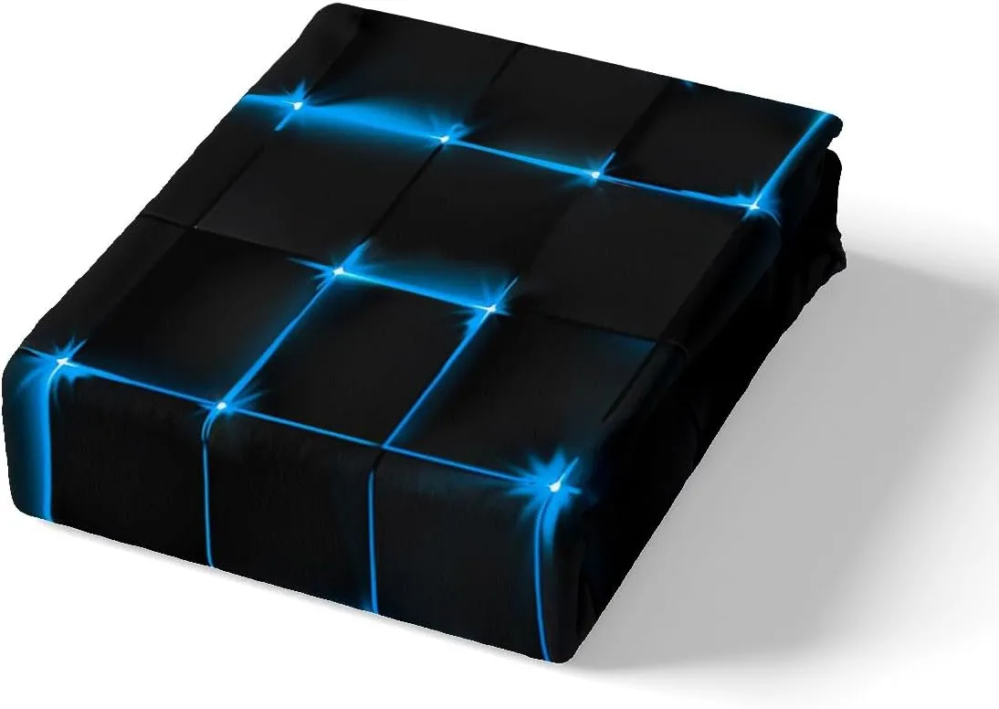 Geometric Queen Duvet Cover Set, Abstract Plaid Square Grid Geometry Bedding Set for Boys Teens, Blue Neon Light Lines Modern Comforter Cover Breathable Black Bedspread Cover, 2 Pillowcases