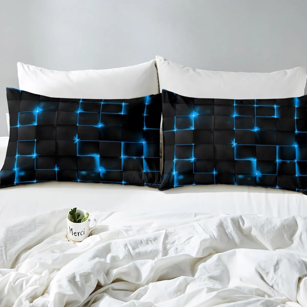 Geometric Queen Duvet Cover Set, Abstract Plaid Square Grid Geometry Bedding Set for Boys Teens, Blue Neon Light Lines Modern Comforter Cover Breathable Black Bedspread Cover, 2 Pillowcases