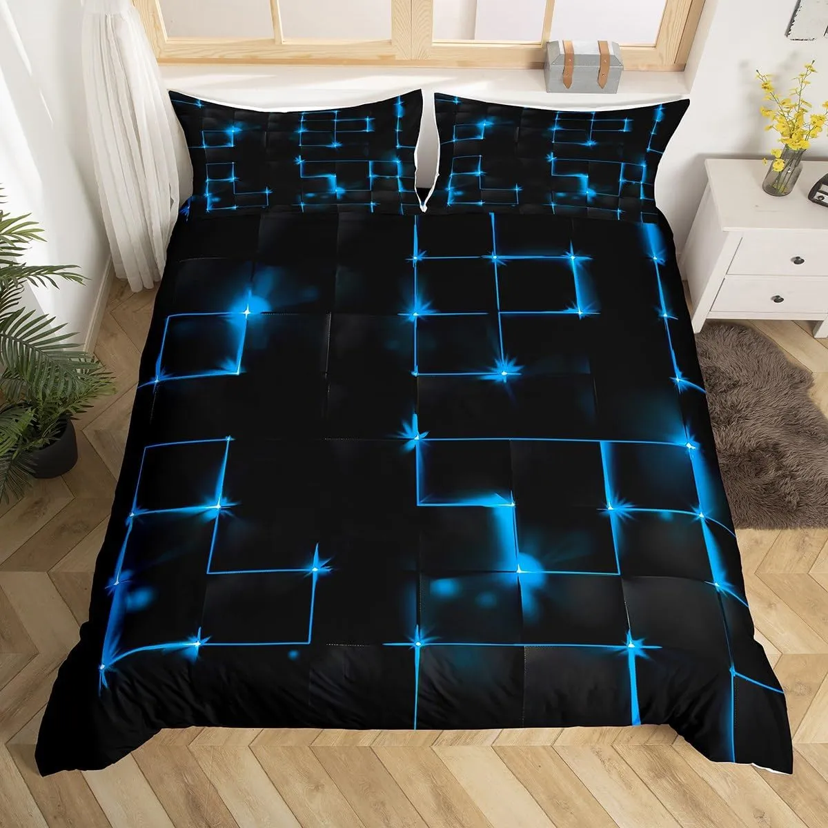 Geometric Queen Duvet Cover Set, Abstract Plaid Square Grid Geometry Bedding Set for Boys Teens, Blue Neon Light Lines Modern Comforter Cover Breathable Black Bedspread Cover, 2 Pillowcases