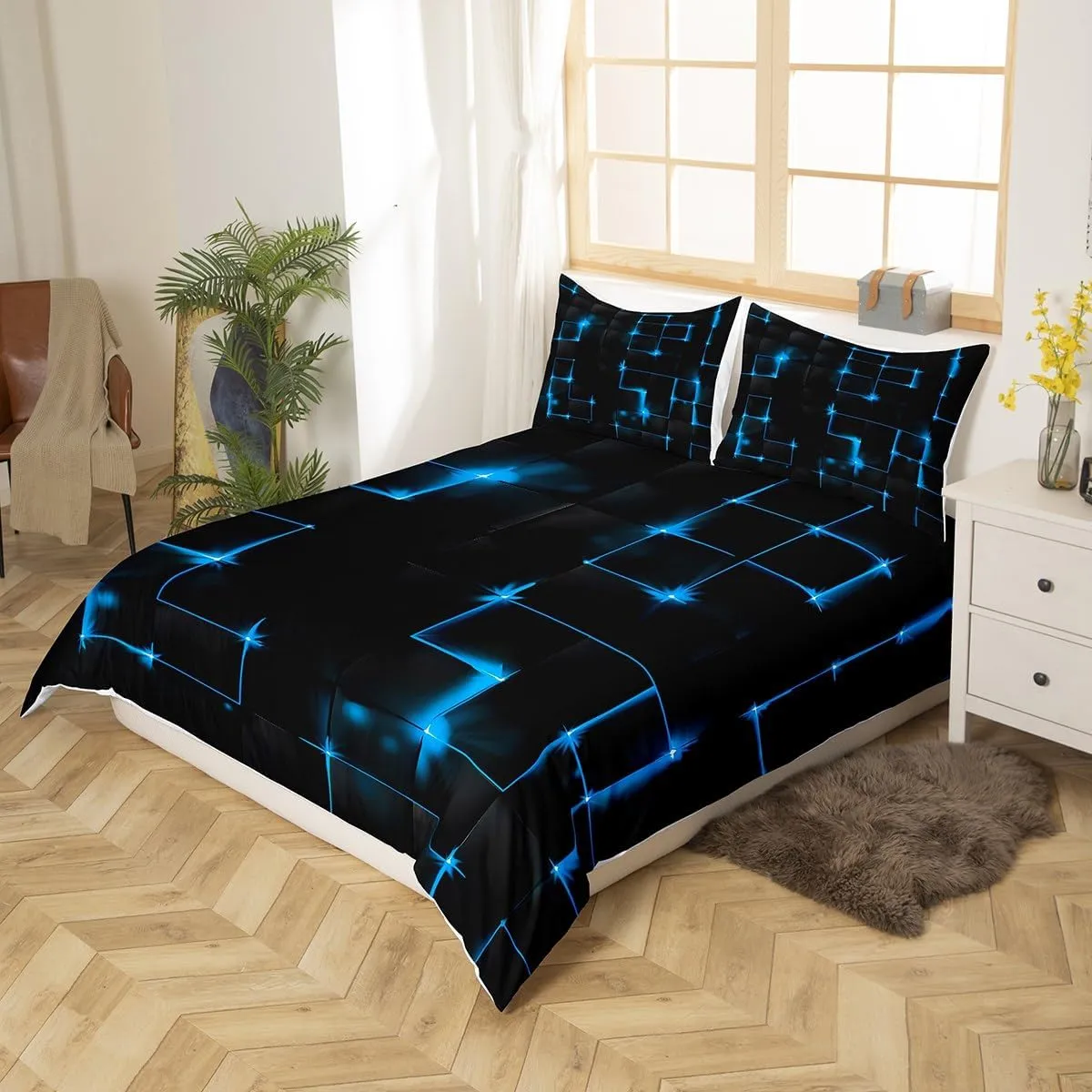 Geometric Queen Duvet Cover Set, Abstract Plaid Square Grid Geometry Bedding Set for Boys Teens, Blue Neon Light Lines Modern Comforter Cover Breathable Black Bedspread Cover, 2 Pillowcases
