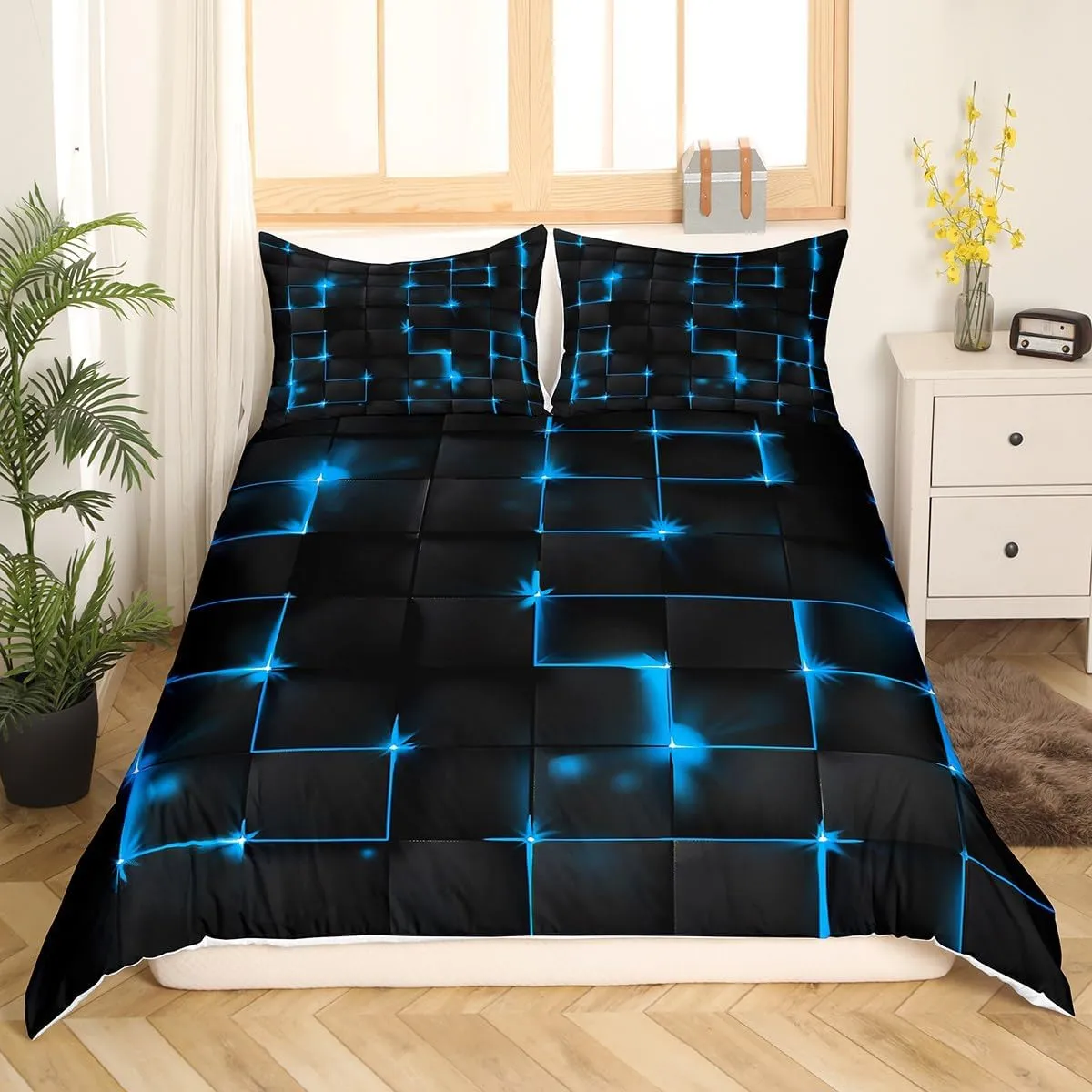 Geometric Queen Duvet Cover Set, Abstract Plaid Square Grid Geometry Bedding Set for Boys Teens, Blue Neon Light Lines Modern Comforter Cover Breathable Black Bedspread Cover, 2 Pillowcases