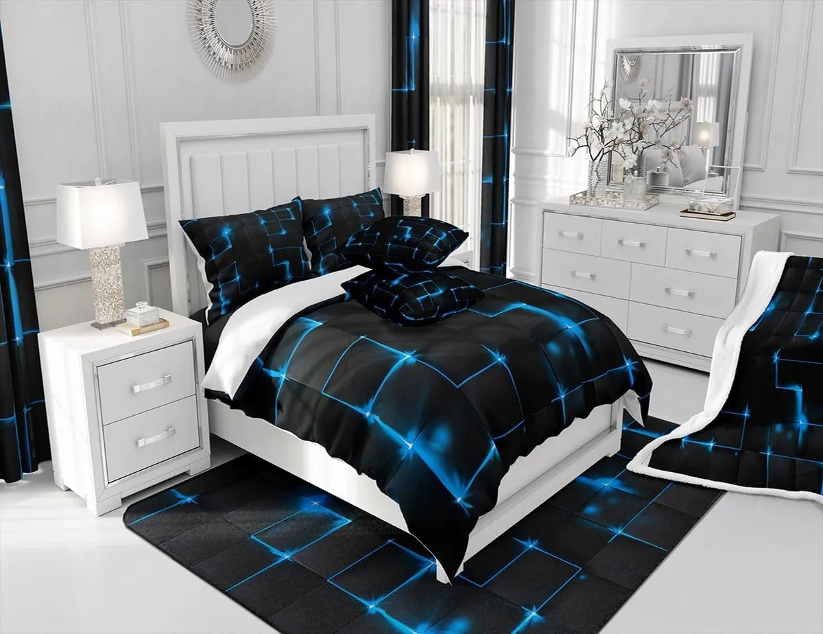 Geometric Queen Duvet Cover Set, Abstract Plaid Square Grid Geometry Bedding Set for Boys Teens, Blue Neon Light Lines Modern Comforter Cover Breathable Black Bedspread Cover, 2 Pillowcases