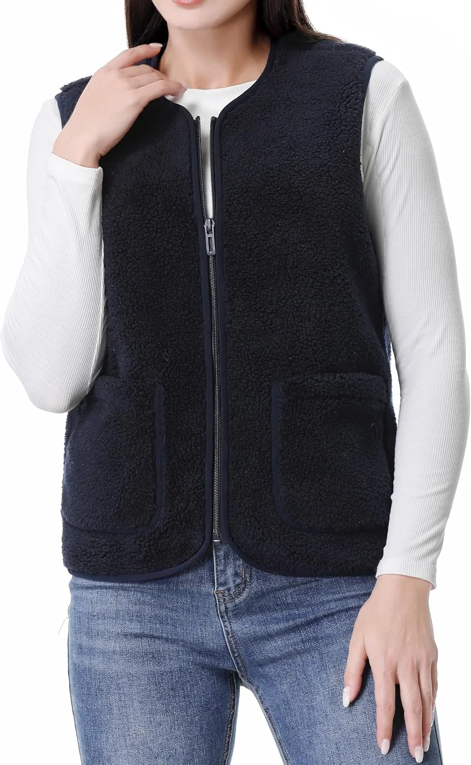 GIMECEN Womens Fuzzy Sherpa Fleece Vest Cozy Sleeveless Jacket Full Zip Outerwear Faux Shearling Waistcoat With Pockets