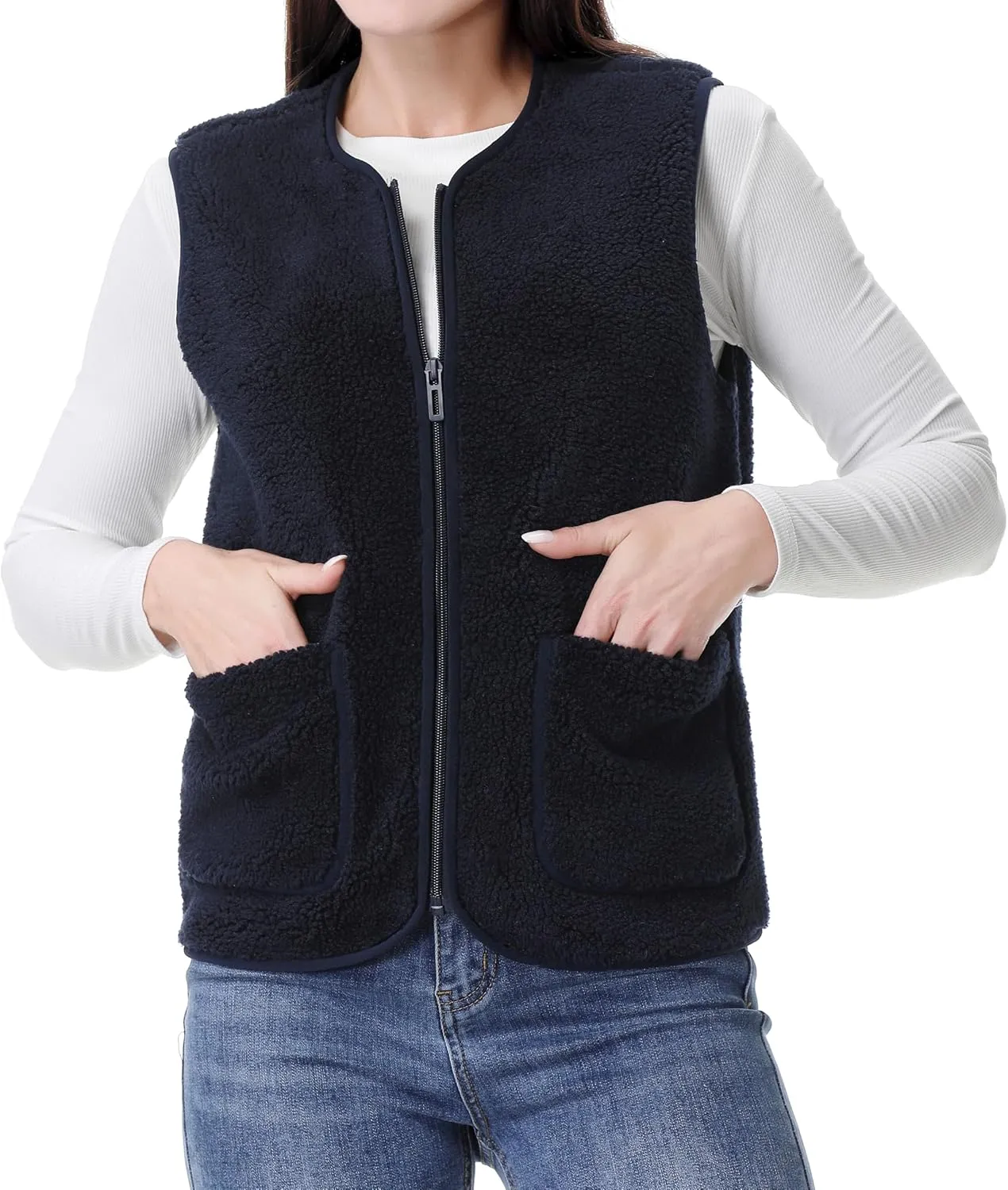 GIMECEN Womens Fuzzy Sherpa Fleece Vest Cozy Sleeveless Jacket Full Zip Outerwear Faux Shearling Waistcoat With Pockets
