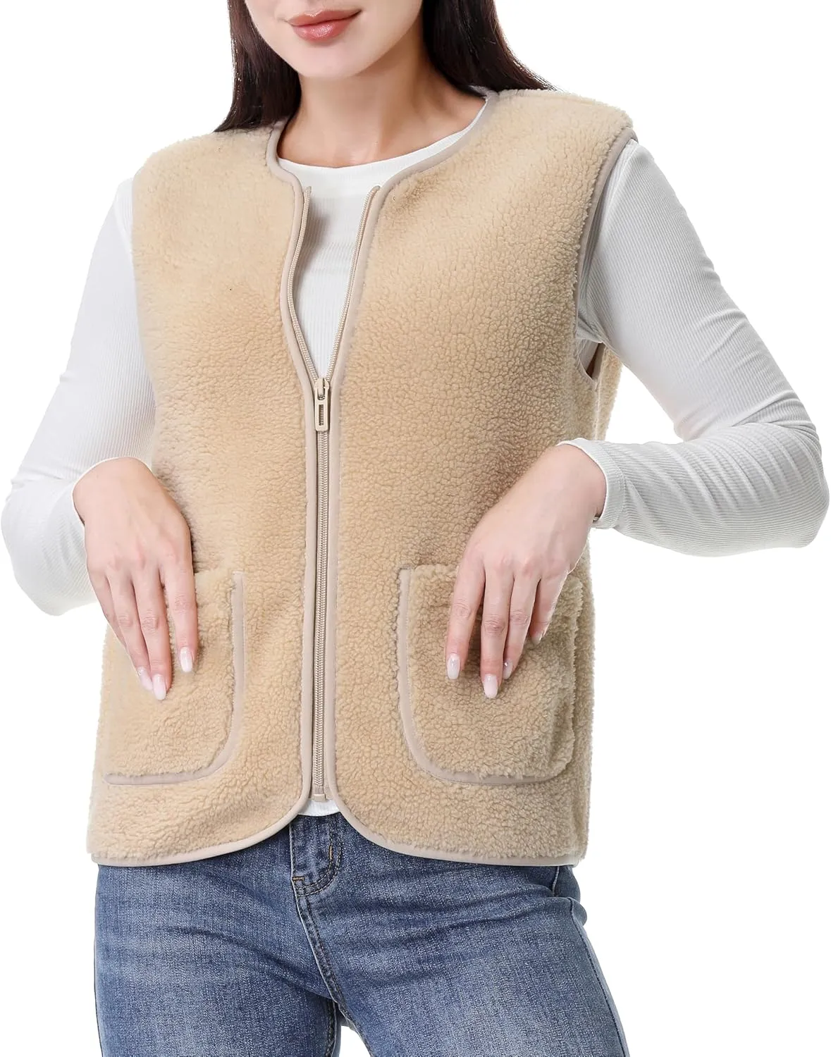 GIMECEN Womens Fuzzy Sherpa Fleece Vest Cozy Sleeveless Jacket Full Zip Outerwear Faux Shearling Waistcoat With Pockets